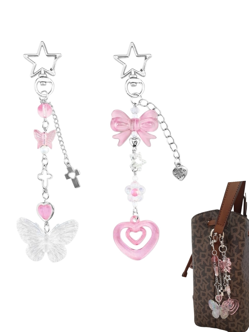 Pink Coquette Y2K Keychain Set Butterfly Heart Bow Bag Charm 2pc